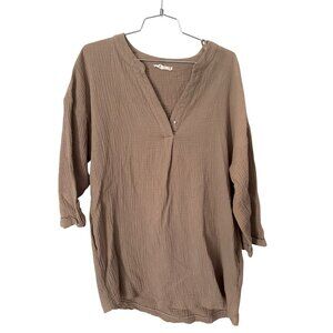 New In Tunic Top Size Small Gauze Crinkle 3/4 Sleeve V Neck Cotton Tan Neutral